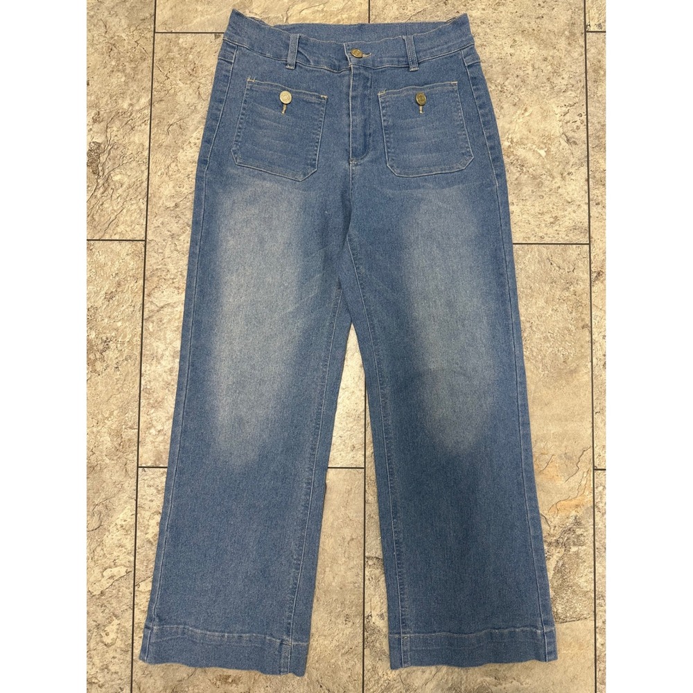 Womens High Waisted Wide Leg Jeans Medium Wash Front Patch Pocket Blue XS